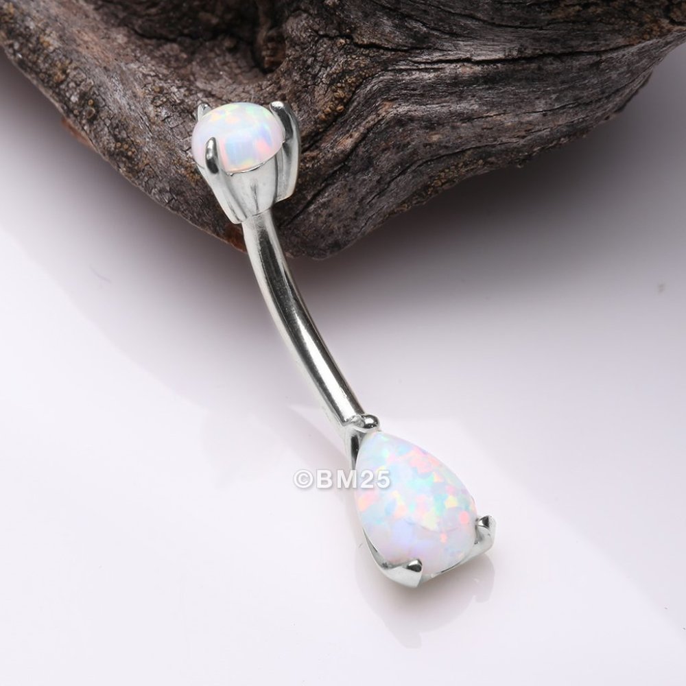 14 Karat White Gold Dainty Fire Opal Teardrop Sparkle Belly Button Ring